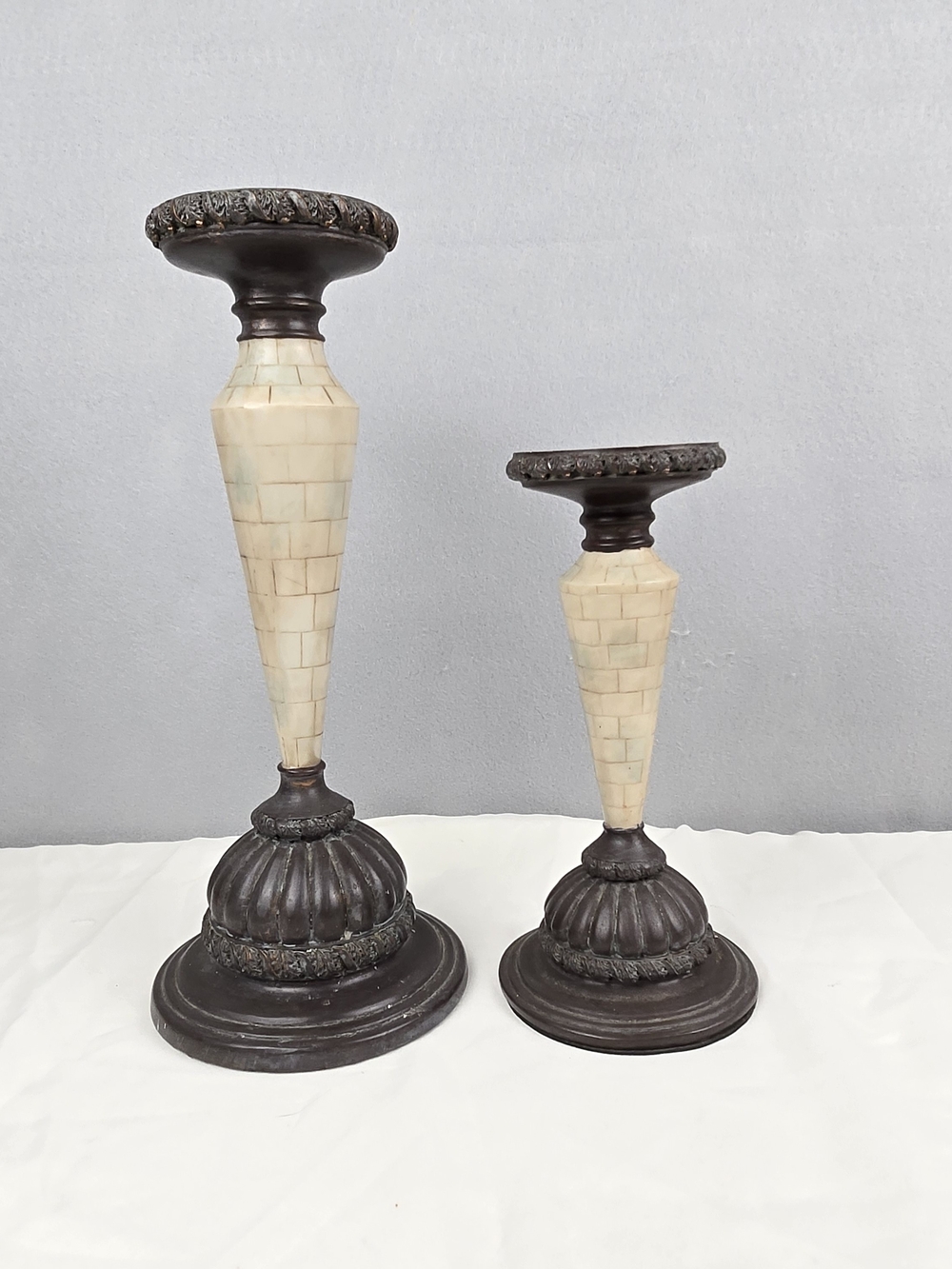 Mastercraft Intl Vintage Tiled Mosaic Pillar Candle Holders Set 2